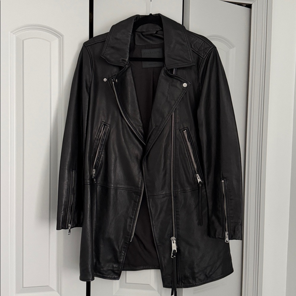 All Saints Black Long Leather Jacket -Size 4